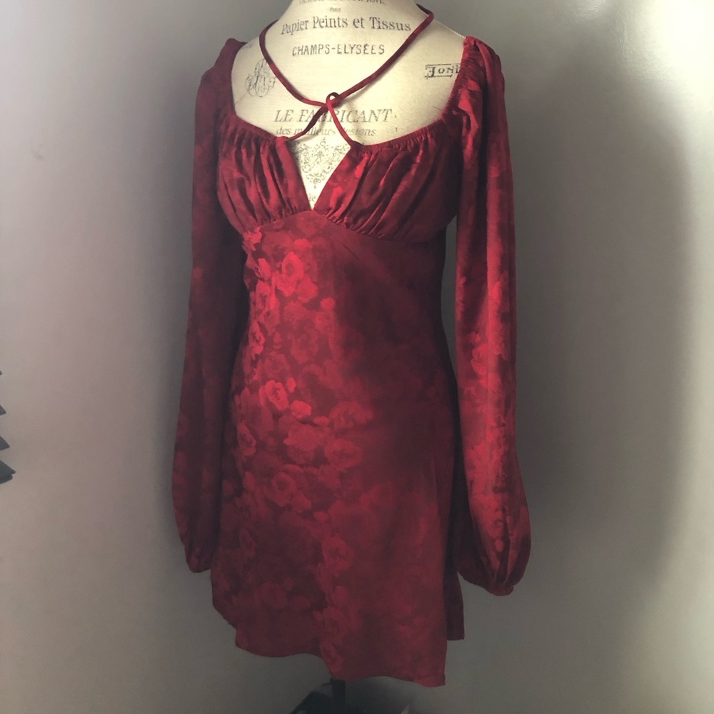 Altar'd State Red Burgundy Floral Jacquard Dress